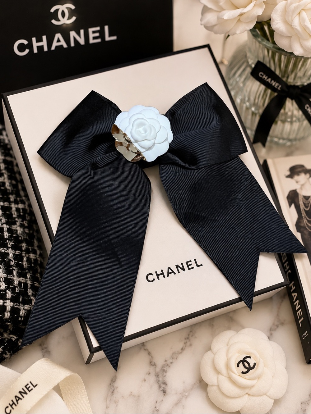 CHANEL White Camellia flower on handmade bow